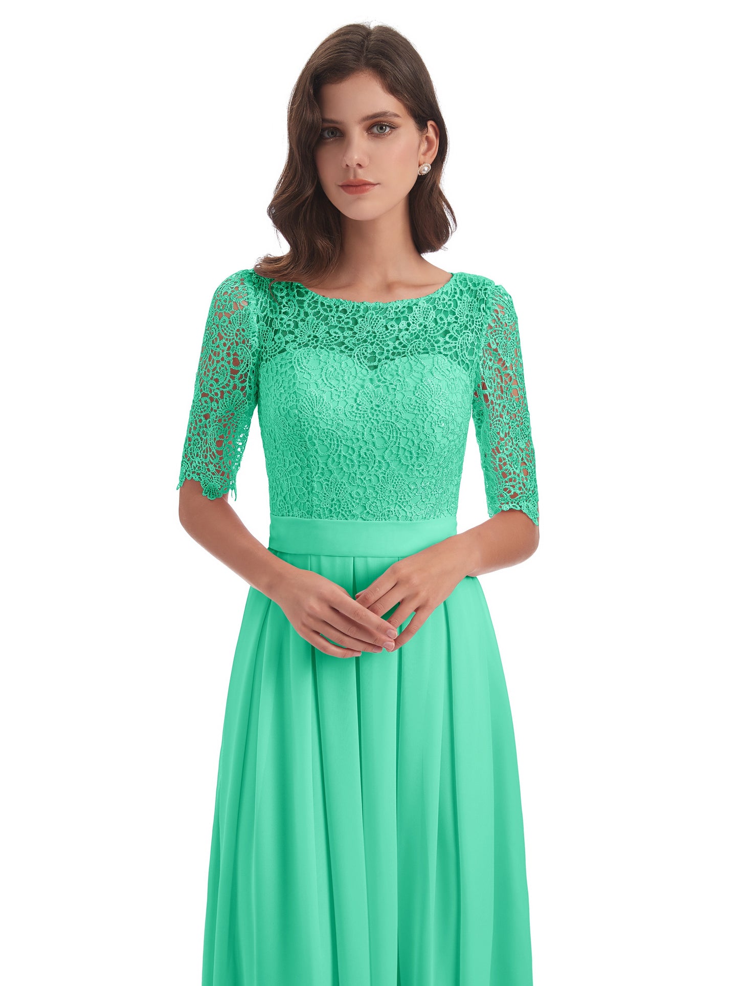 Brielle Illussion Neckline and Back Half Sleeves Scoop Lace Bridesmaid Dresses