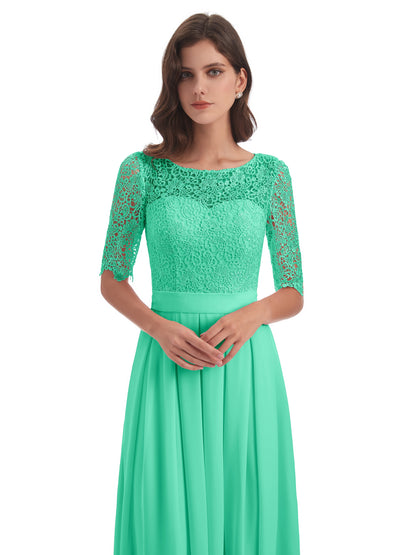 Brielle Illussion Neckline and Back Half Sleeves Scoop Lace Bridesmaid Dresses