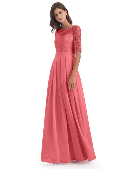 Brielle Illussion Neckline and Back Half Sleeves Scoop Lace Bridesmaid Dresses