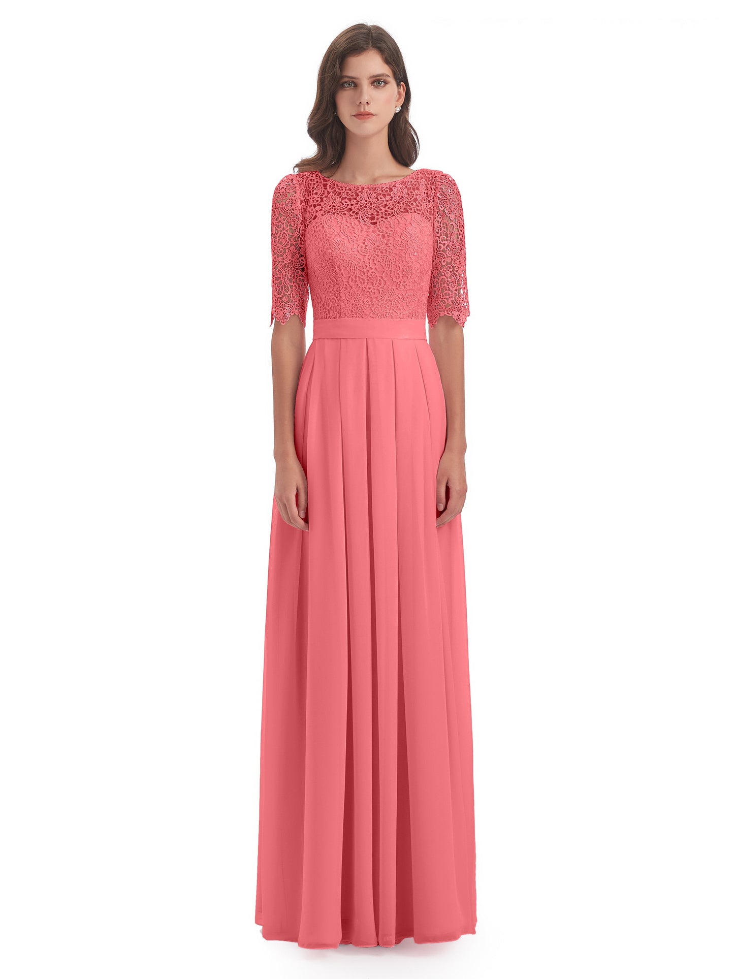 Brielle Illussion Neckline and Back Half Sleeves Scoop Lace Bridesmaid Dresses