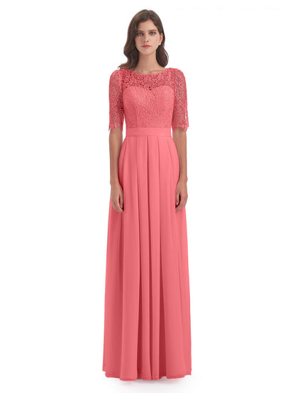 Brielle Illussion Neckline and Back Half Sleeves Scoop Lace Bridesmaid Dresses