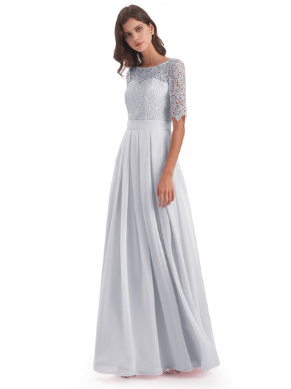 Brielle Illussion Neckline and Back Half Sleeves Scoop Lace Bridesmaid Dresses