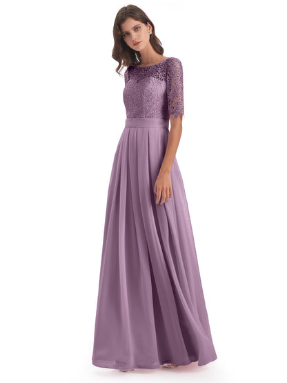 Brielle Illussion Neckline and Back Half Sleeves Scoop Lace Bridesmaid Dresses