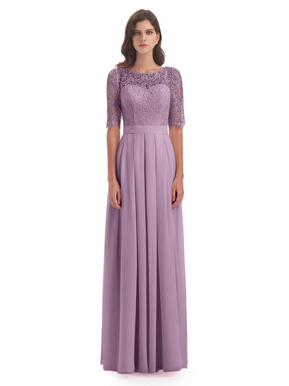 Brielle Illussion Neckline and Back Half Sleeves Scoop Lace Bridesmaid Dresses