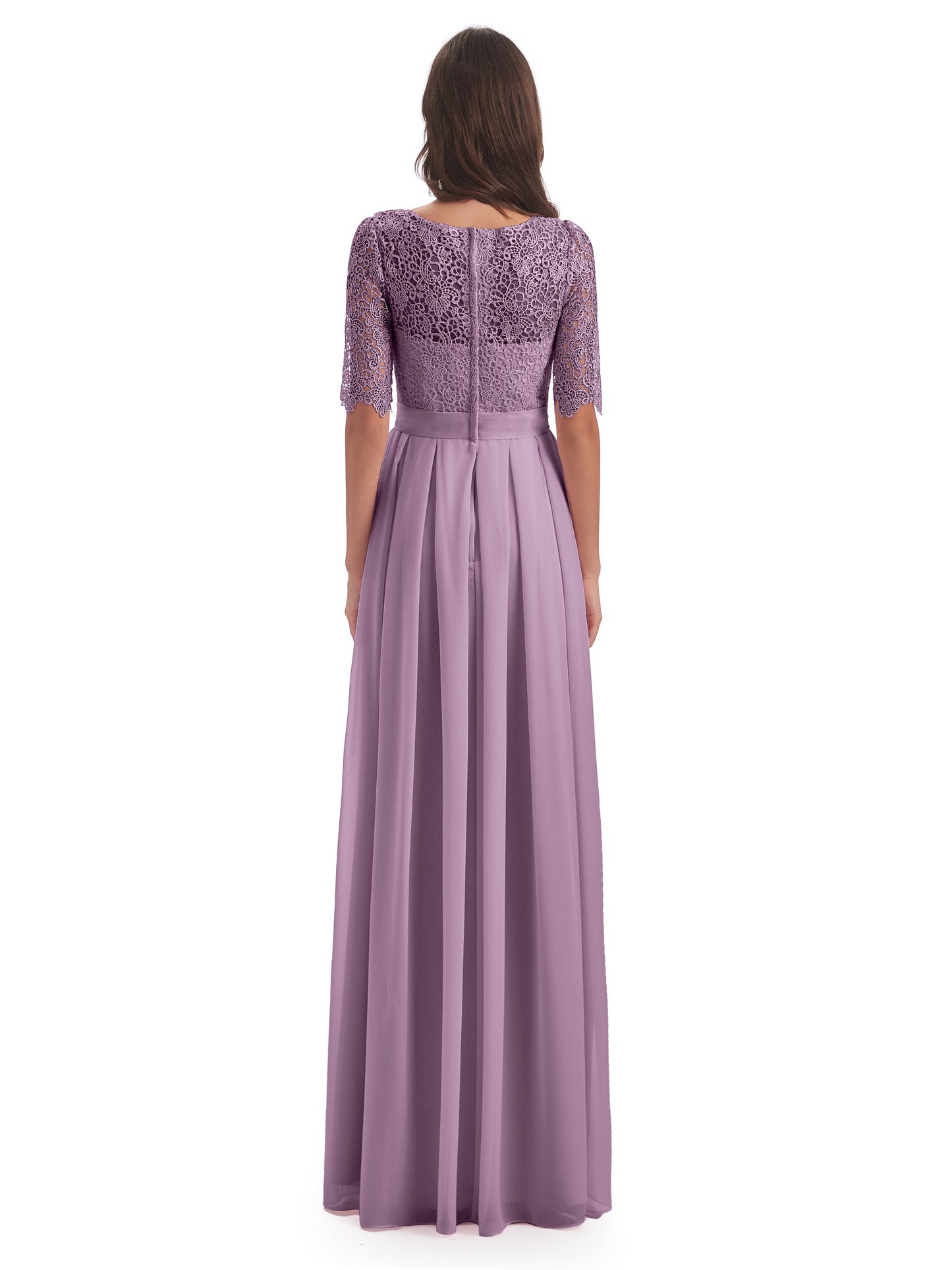 Brielle Illussion Neckline and Back Half Sleeves Scoop Lace Bridesmaid Dresses