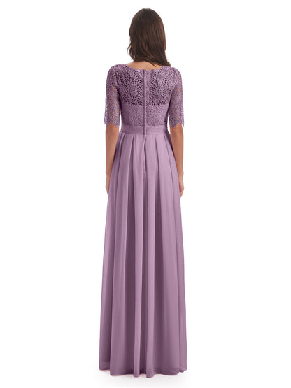 Brielle Illussion Neckline and Back Half Sleeves Scoop Lace Bridesmaid Dresses