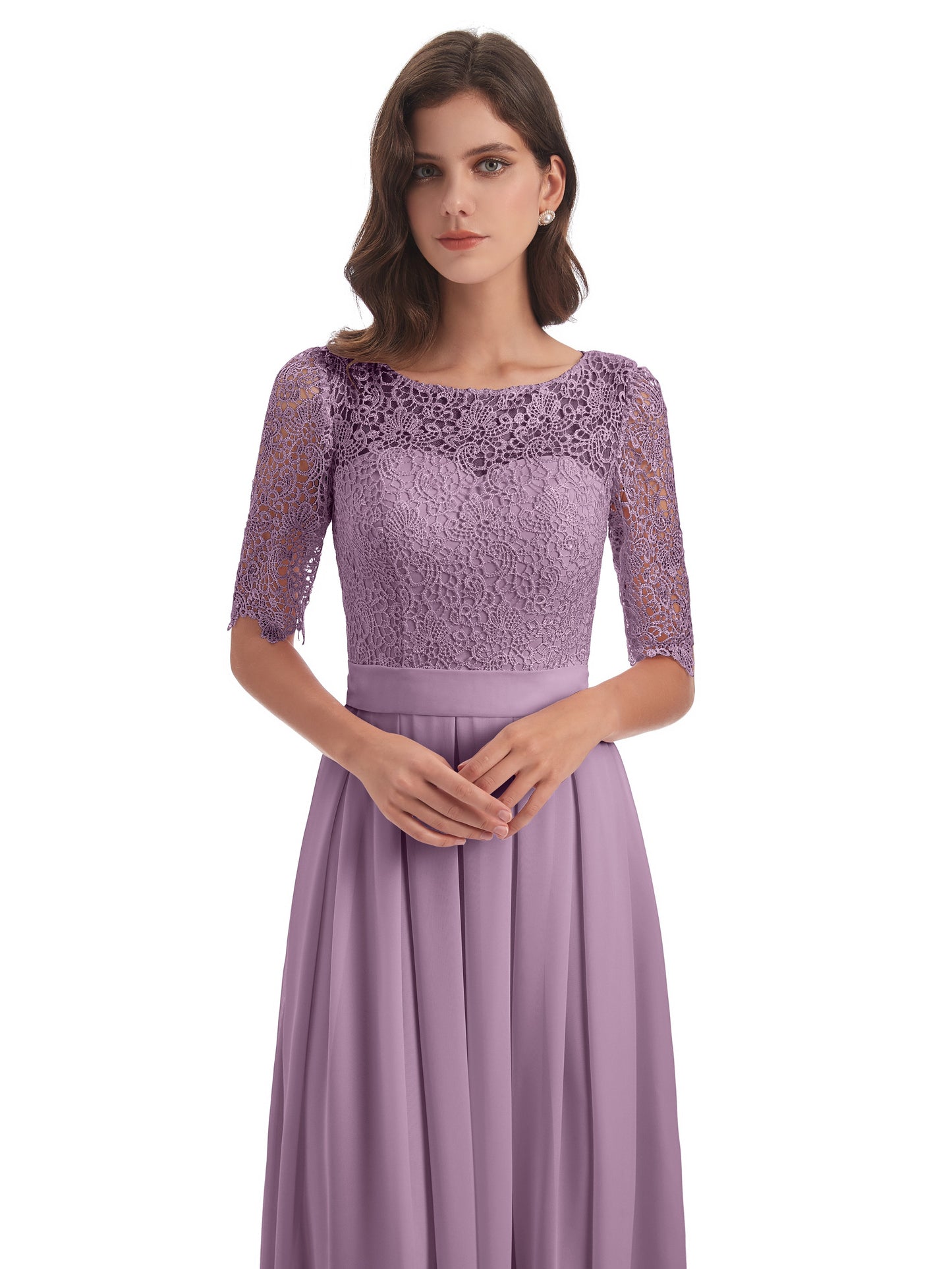 Brielle Illussion Neckline and Back Half Sleeves Scoop Lace Bridesmaid Dresses