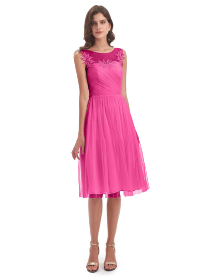 Brooklyn Knee Length Illusion Scoop Tulle Bridesmaid Dresses