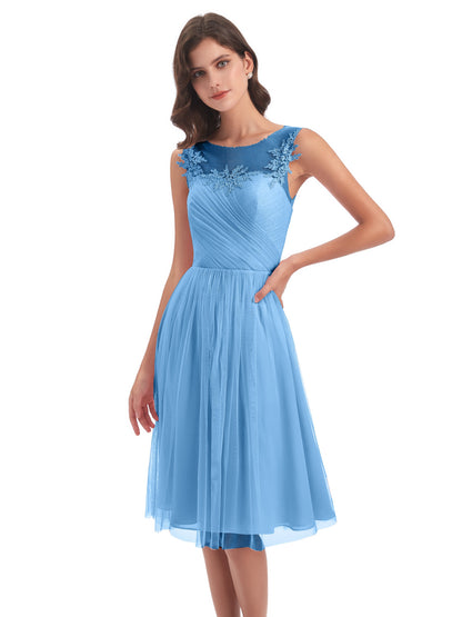 Brooklyn Knee Length Illusion Scoop Tulle Bridesmaid Dresses