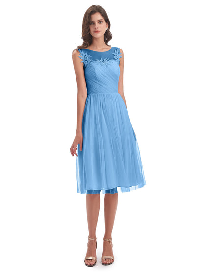Brooklyn Knee Length Illusion Scoop Tulle Bridesmaid Dresses