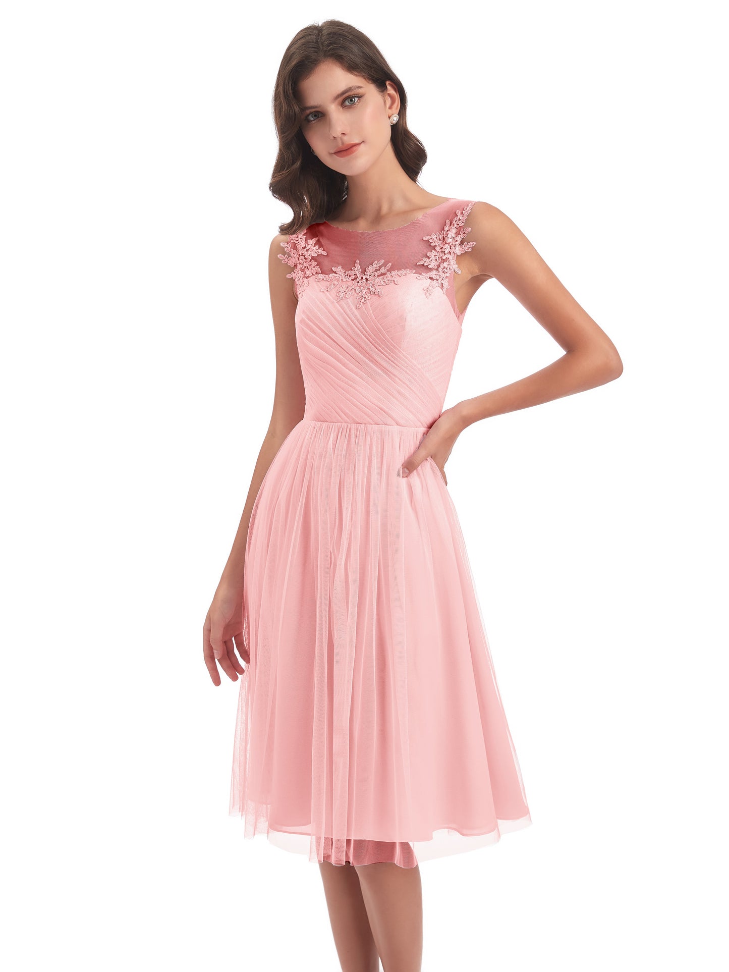 Brooklyn Knee Length Illusion Scoop Tulle Bridesmaid Dresses