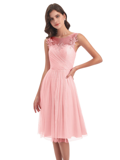 Brooklyn Knee Length Illusion Scoop Tulle Bridesmaid Dresses