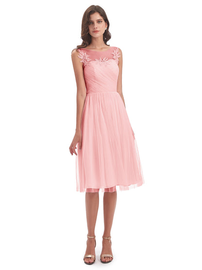 Brooklyn Knee Length Illusion Scoop Tulle Bridesmaid Dresses