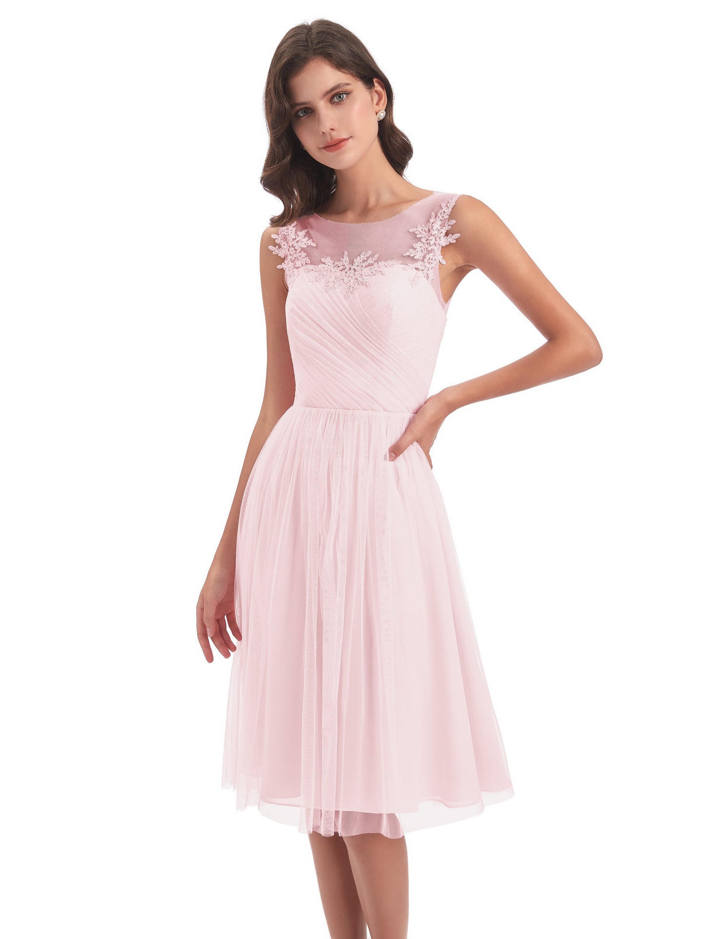 Brooklyn Knee Length Illusion Scoop Tulle Bridesmaid Dresses