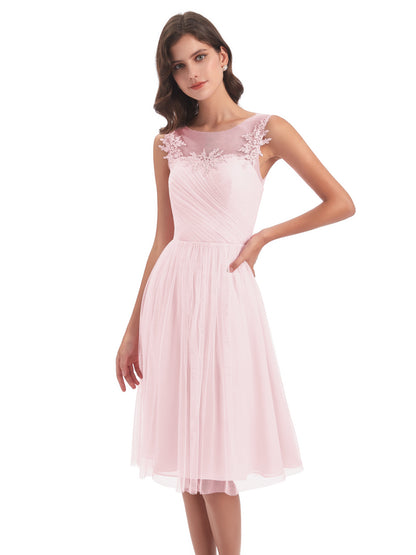 Brooklyn Knee Length Illusion Scoop Tulle Bridesmaid Dresses