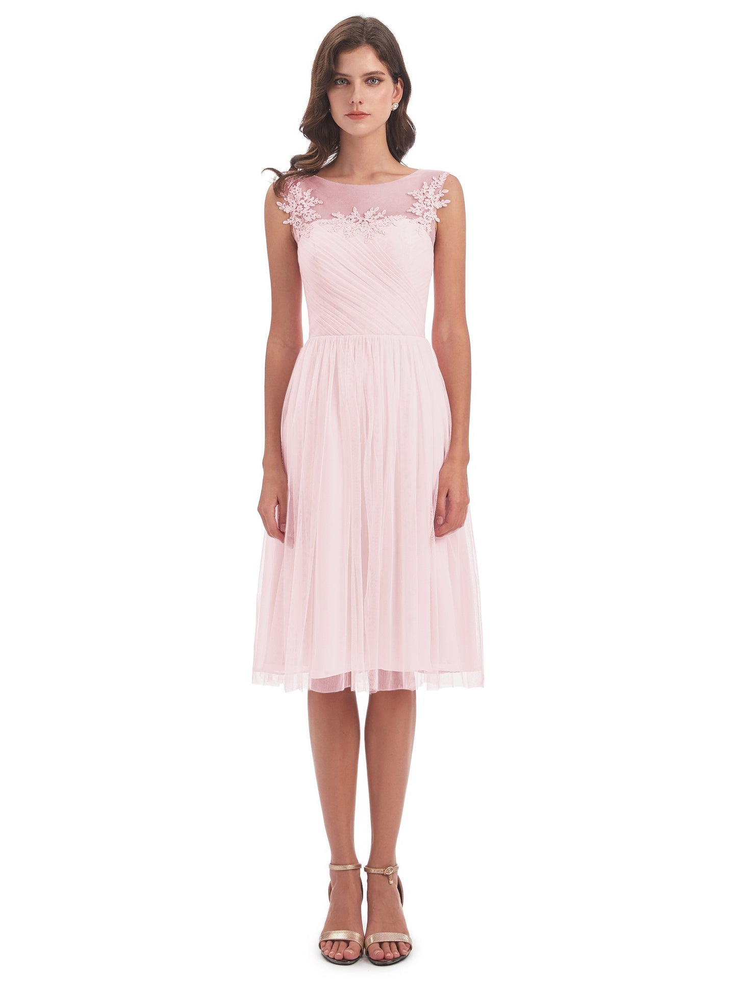 Brooklyn Knee Length Illusion Scoop Tulle Bridesmaid Dresses