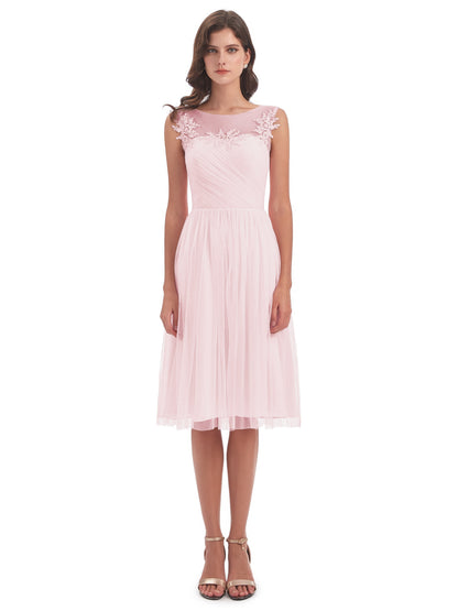 Brooklyn Knee Length Illusion Scoop Tulle Bridesmaid Dresses