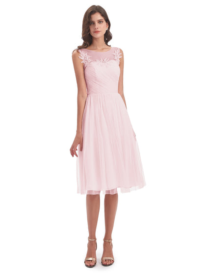 Brooklyn Knee Length Illusion Scoop Tulle Bridesmaid Dresses