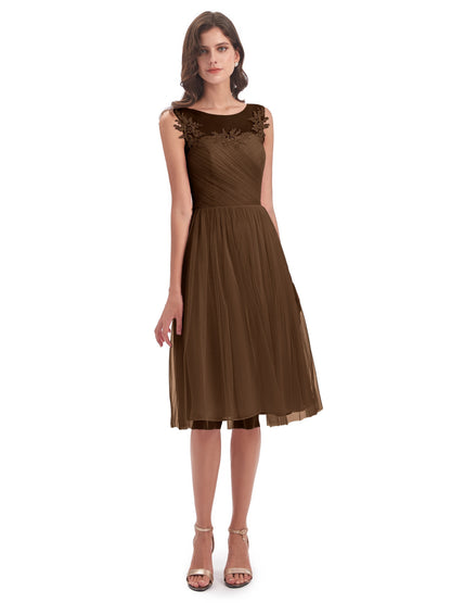 Brooklyn Knee Length Illusion Scoop Tulle Bridesmaid Dresses