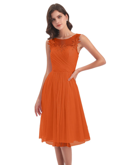 Brooklyn Knee Length Illusion Scoop Tulle Bridesmaid Dresses