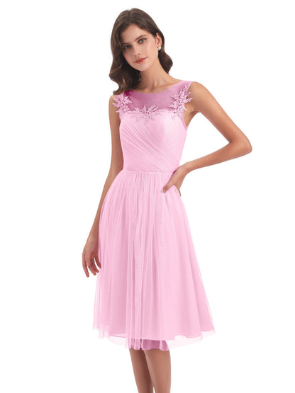 Brooklyn Knee Length Illusion Scoop Tulle Bridesmaid Dresses