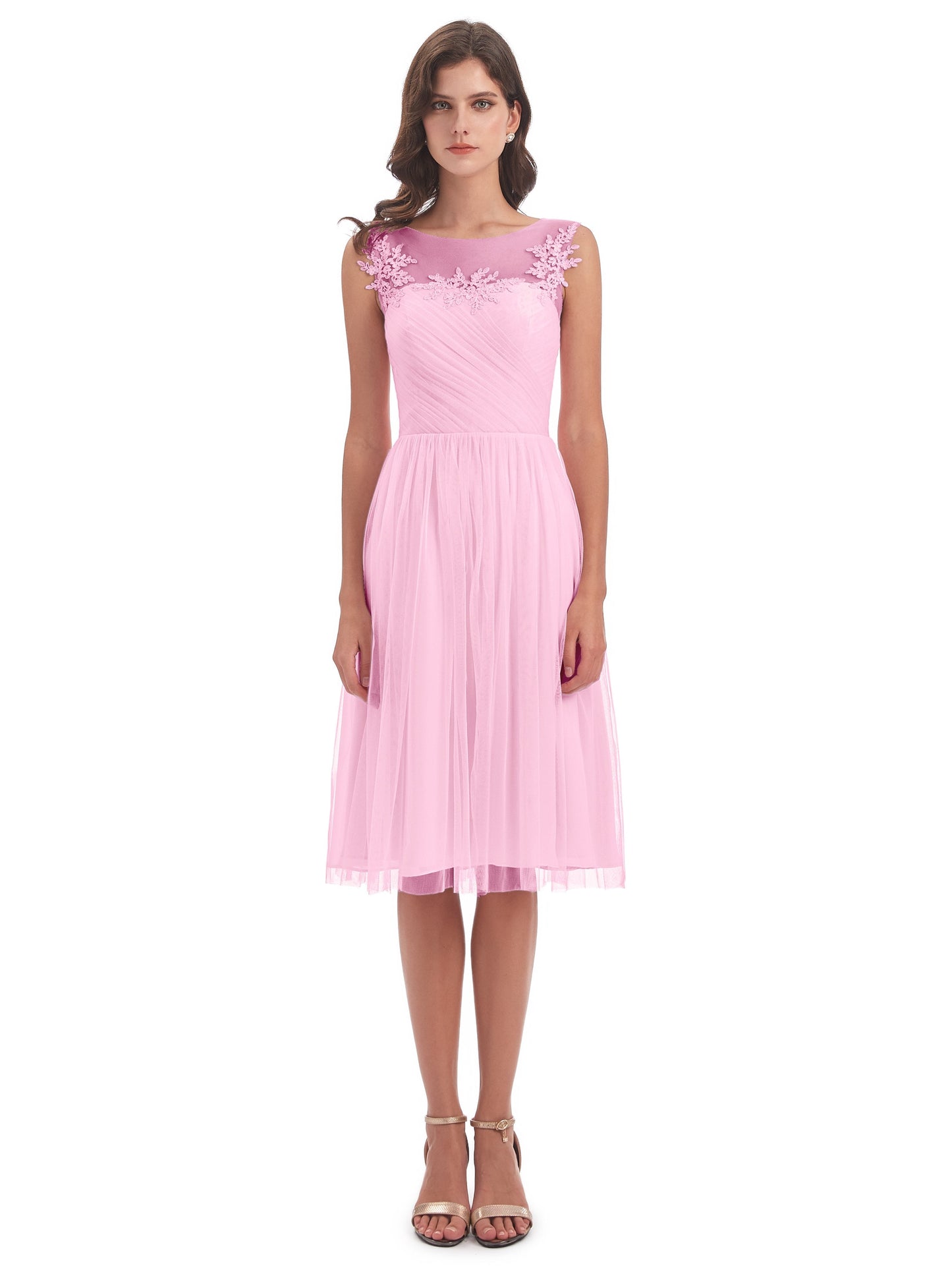 Brooklyn Knee Length Illusion Scoop Tulle Bridesmaid Dresses