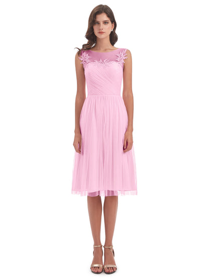 Brooklyn Knee Length Illusion Scoop Tulle Bridesmaid Dresses