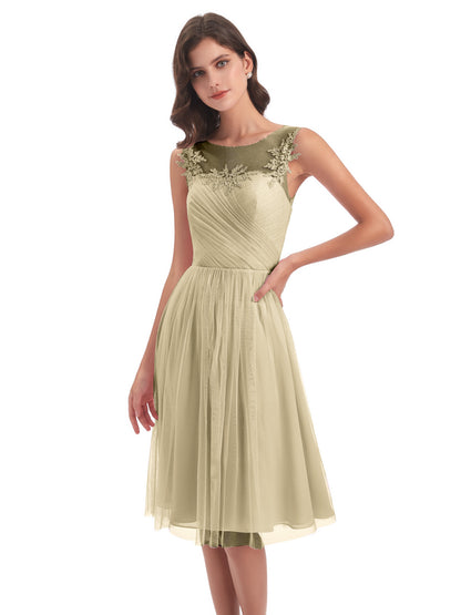Brooklyn Knee Length Illusion Scoop Tulle Bridesmaid Dresses