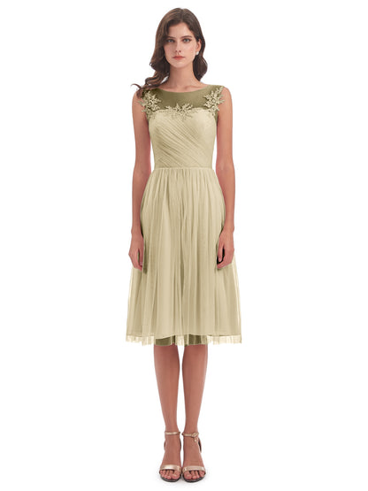 Brooklyn Knee Length Illusion Scoop Tulle Bridesmaid Dresses