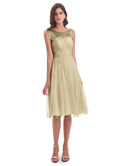 Brooklyn Knee Length Illusion Scoop Tulle Bridesmaid Dresses