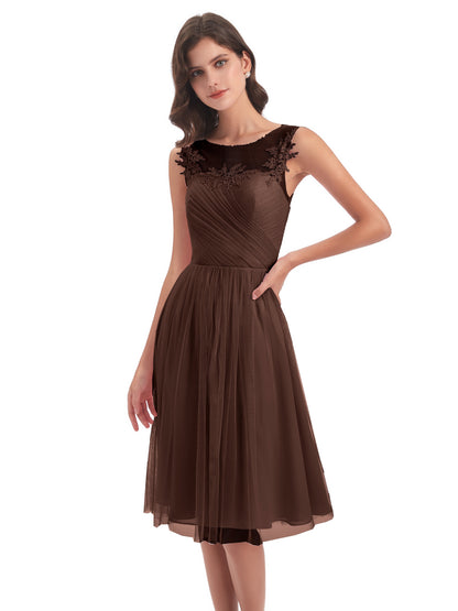 Brooklyn Knee Length Illusion Scoop Tulle Bridesmaid Dresses