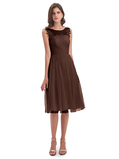 Brooklyn Knee Length Illusion Scoop Tulle Bridesmaid Dresses