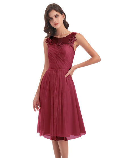 Brooklyn Knee Length Illusion Scoop Tulle Bridesmaid Dresses