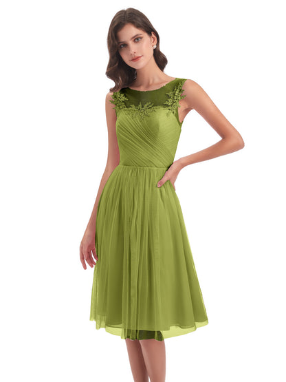 Brooklyn Knee Length Illusion Scoop Tulle Bridesmaid Dresses