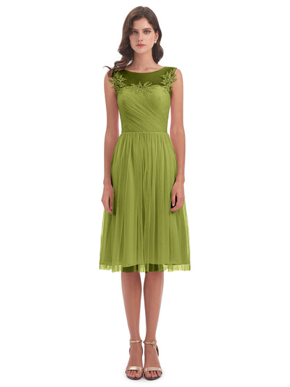 Brooklyn Knee Length Illusion Scoop Tulle Bridesmaid Dresses
