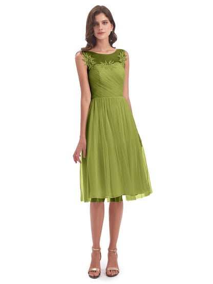 Brooklyn Knee Length Illusion Scoop Tulle Bridesmaid Dresses