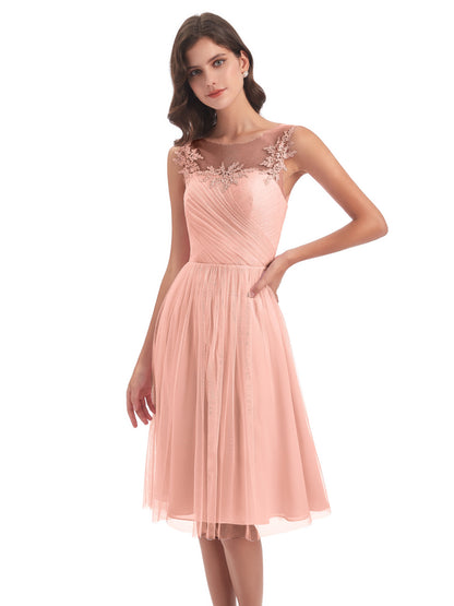 Brooklyn Knee Length Illusion Scoop Tulle Bridesmaid Dresses
