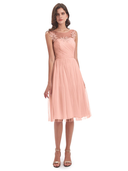Brooklyn Knee Length Illusion Scoop Tulle Bridesmaid Dresses