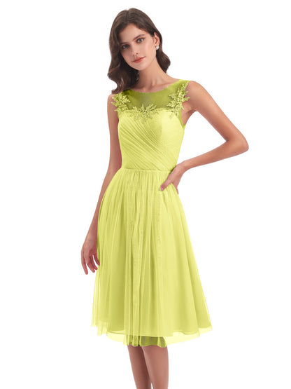 Brooklyn Knee Length Illusion Scoop Tulle Bridesmaid Dresses