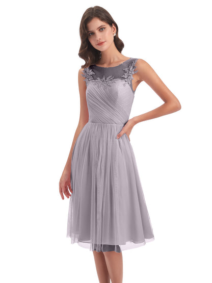 Brooklyn Knee Length Illusion Scoop Tulle Bridesmaid Dresses