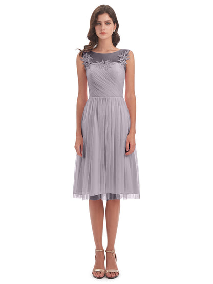 Brooklyn Knee Length Illusion Scoop Tulle Bridesmaid Dresses