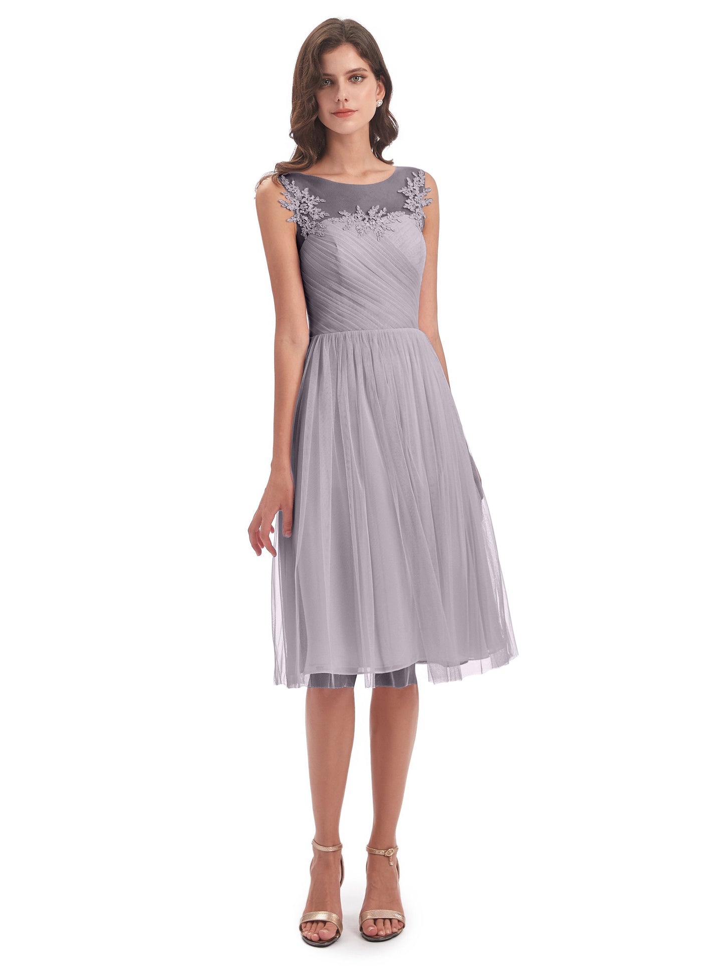 Brooklyn Knee Length Illusion Scoop Tulle Bridesmaid Dresses