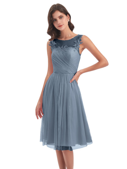 Brooklyn Knee Length Illusion Scoop Tulle Bridesmaid Dresses
