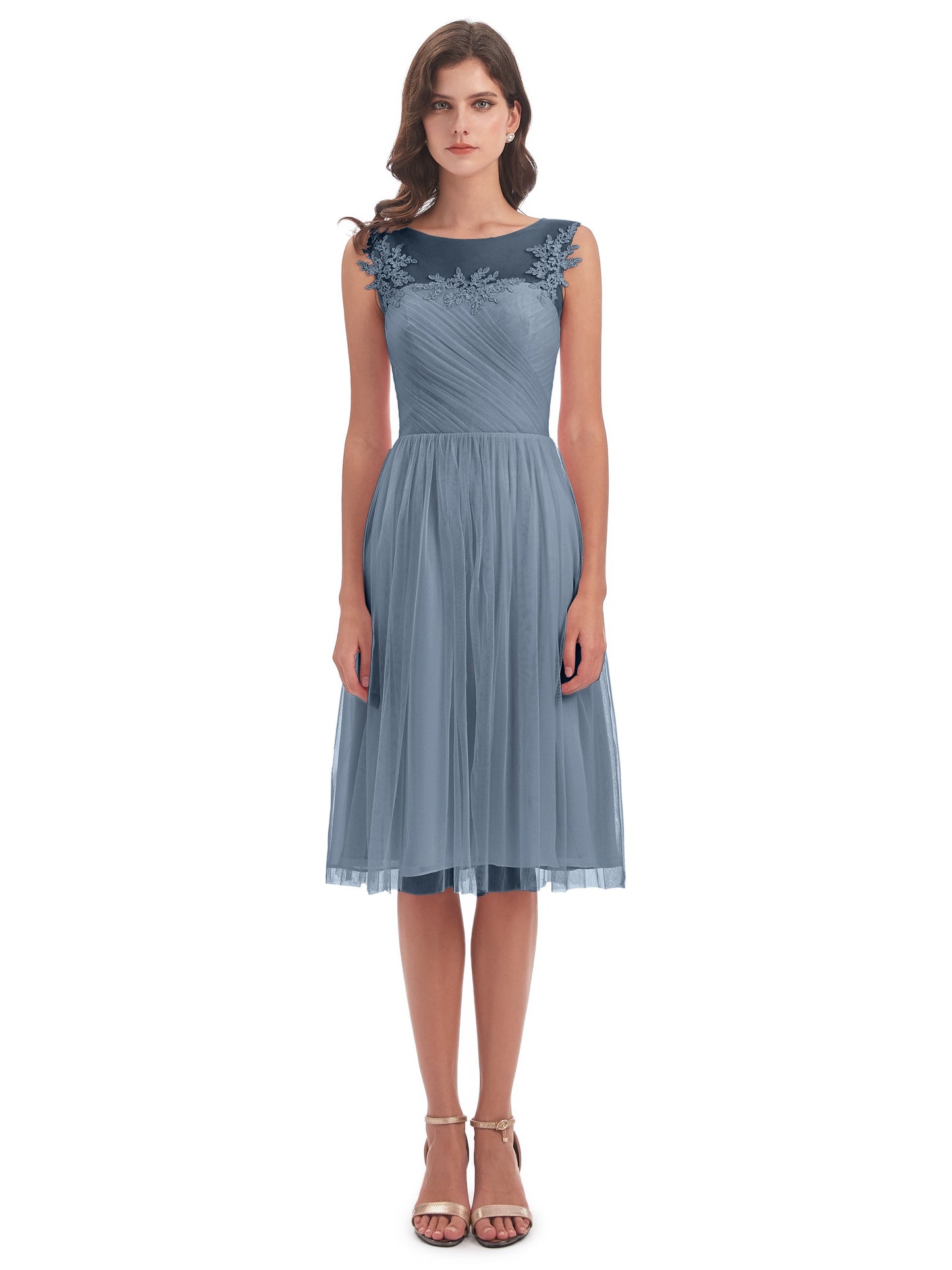 Brooklyn Knee Length Illusion Scoop Tulle Bridesmaid Dresses