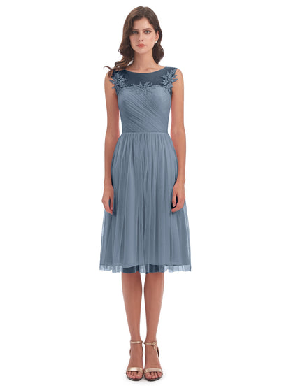 Brooklyn Knee Length Illusion Scoop Tulle Bridesmaid Dresses