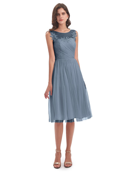 Brooklyn Knee Length Illusion Scoop Tulle Bridesmaid Dresses