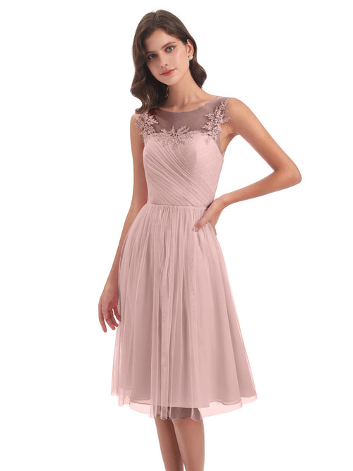Brooklyn Knee Length Illusion Scoop Tulle Bridesmaid Dresses