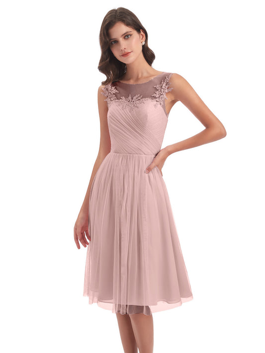 Brooklyn Knee Length Illusion Scoop Tulle Bridesmaid Dresses