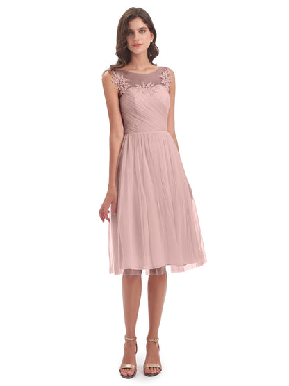 Brooklyn Knee Length Illusion Scoop Tulle Bridesmaid Dresses