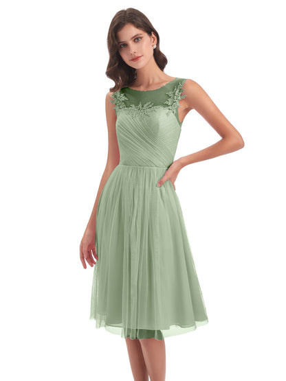 Brooklyn Knee Length Illusion Scoop Tulle Bridesmaid Dresses